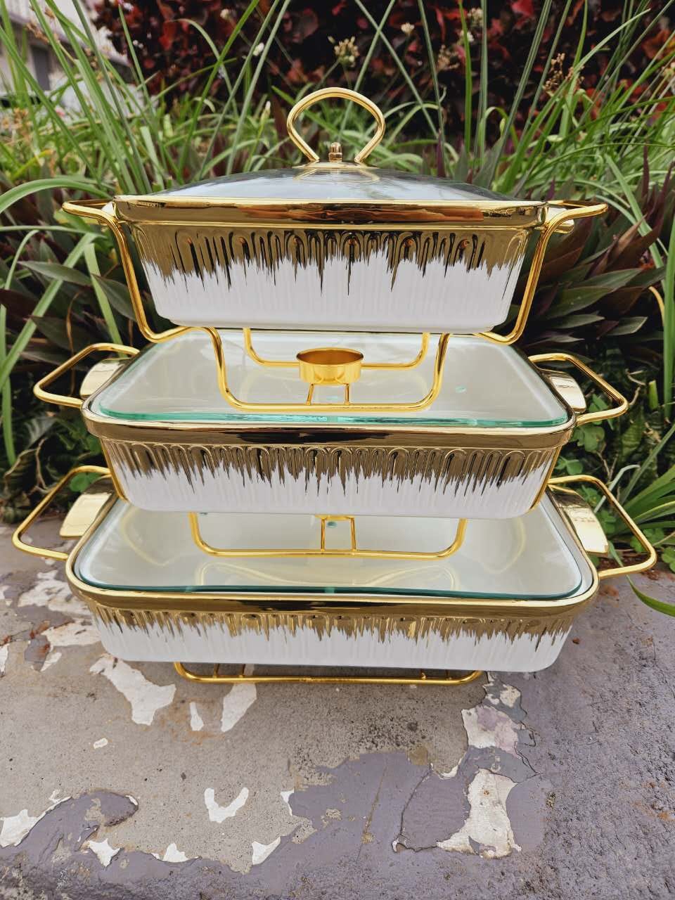 3-Piece White & Gold Ceramic Chaffing Dish Food Warmer Set with Glass Lids - Image 3