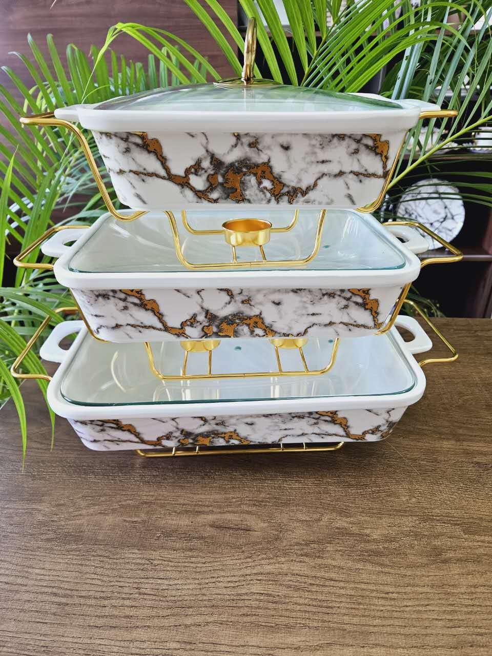 3-Piece White & Gold Ceramic Chaffing Dish Food Warmer Set with Glass Lids - Image 4