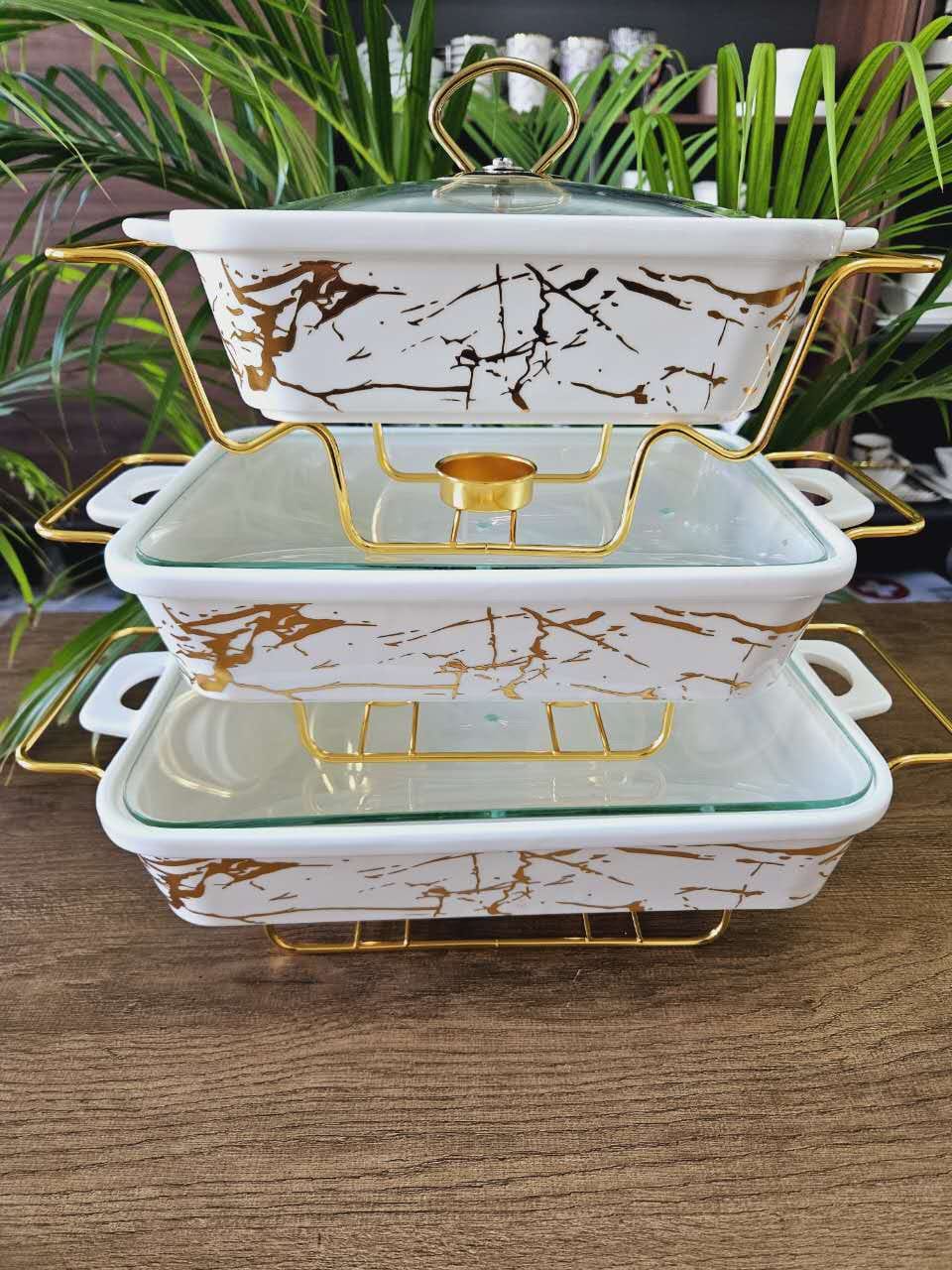 3-Piece White & Gold Ceramic Chaffing Dish Food Warmer Set with Glass Lids - Image 2