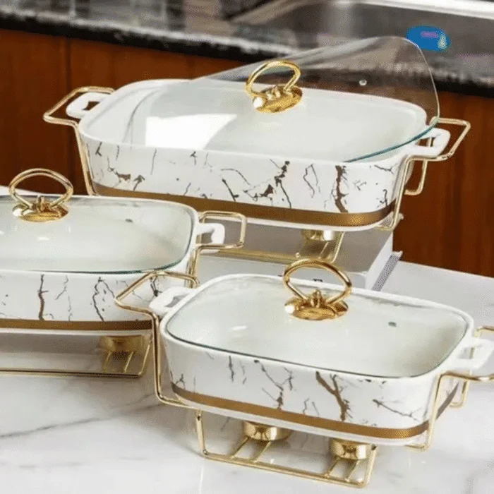 3-Piece White & Gold Ceramic Chaffing Dish Food Warmer Set with Glass Lids